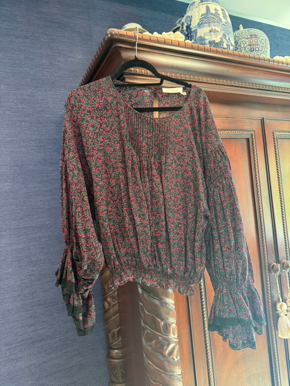 Chloé Black Blouse with Burgundy Floral Print